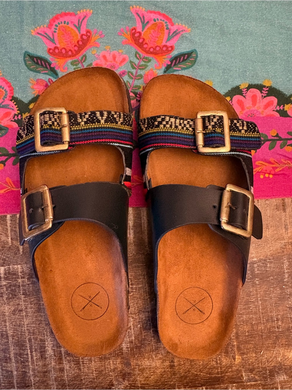 inkkas Black Two-Strap Sandals with Multicolor Woven Accent